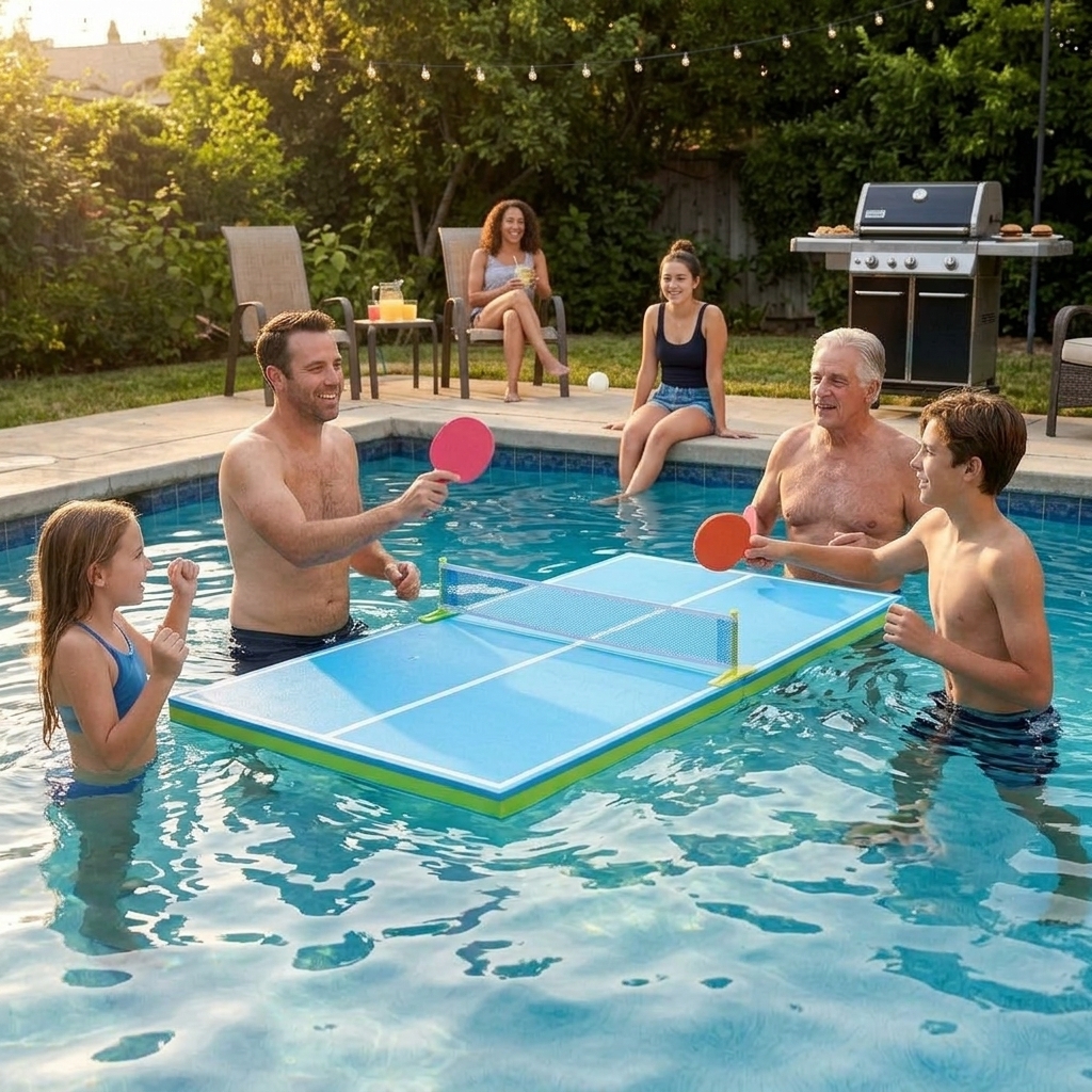 Family of kids, teens, parents and grandparent playing PoolPong together