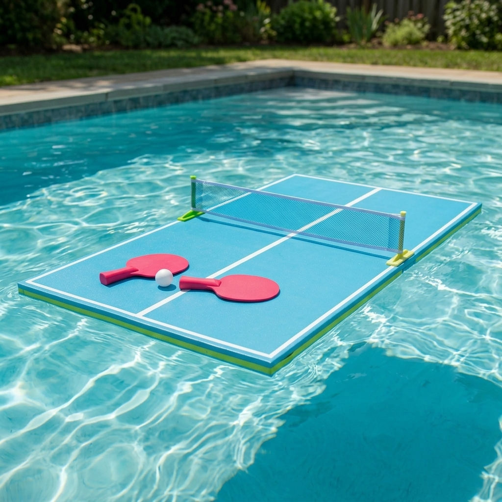 PoolPong floating pool ping pong table at backyard pool party
