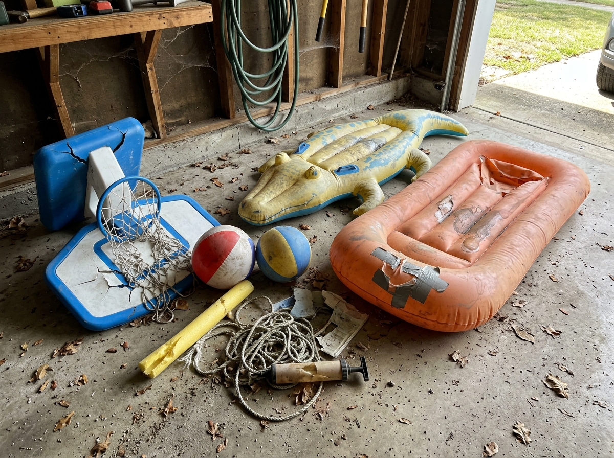 Pile of deflated, cracked pool toys in a garage corner