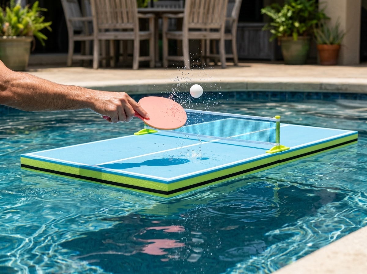 PoolPong table sitting flat and stable on pool surface