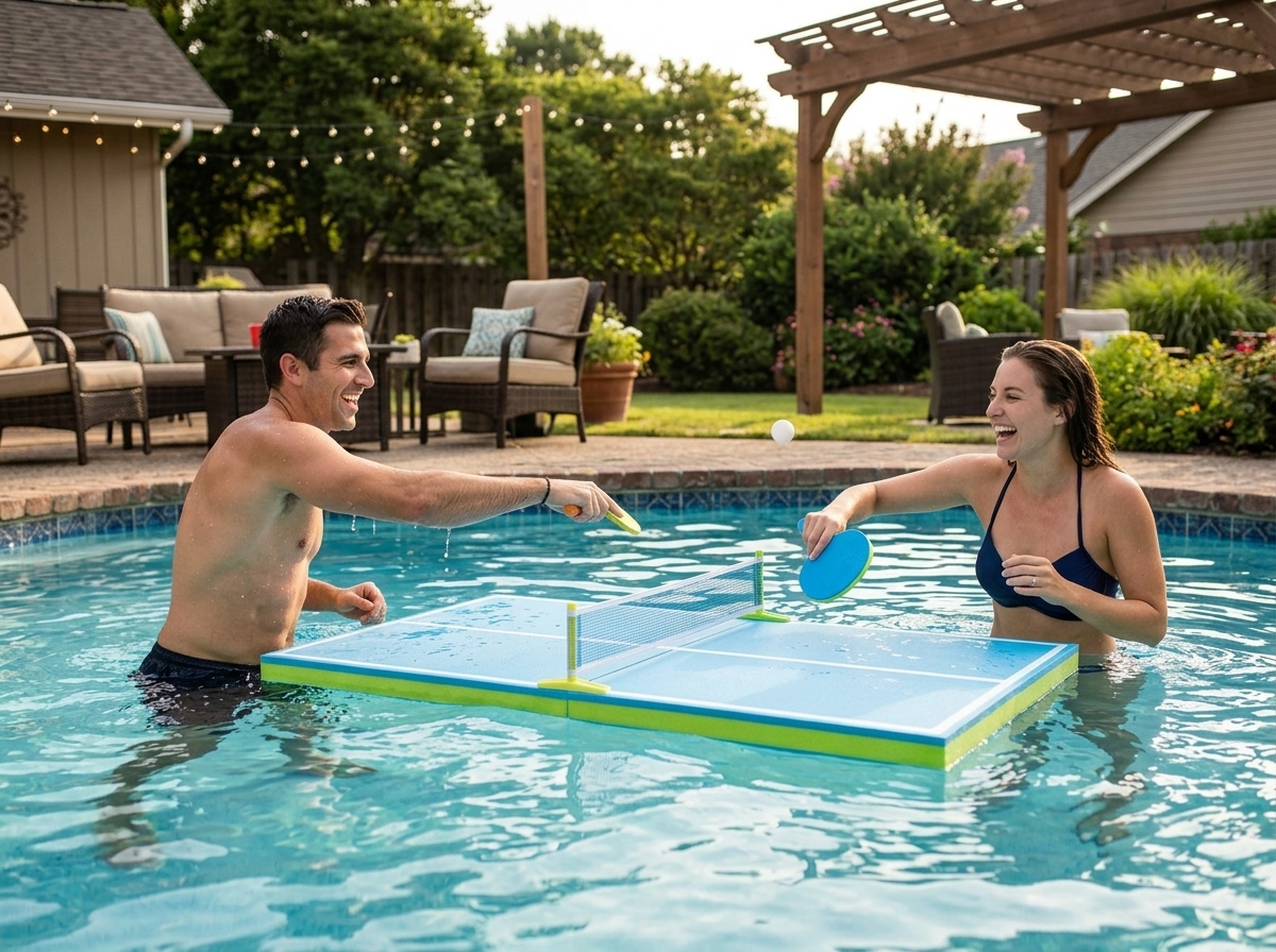 Two players mid-rally on PoolPong table