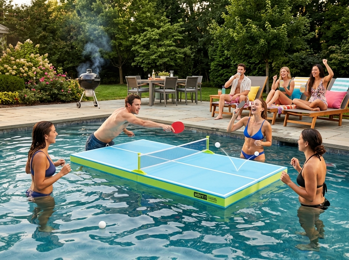 Four people playing doubles on PoolPong