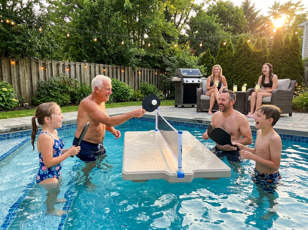 Multi-generational family playing PoolPong together