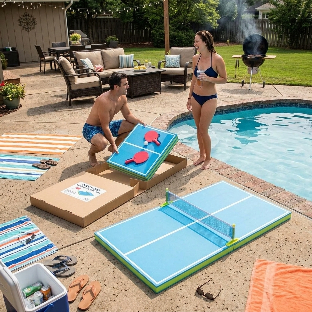 Multi-generational family playing PoolPong together
