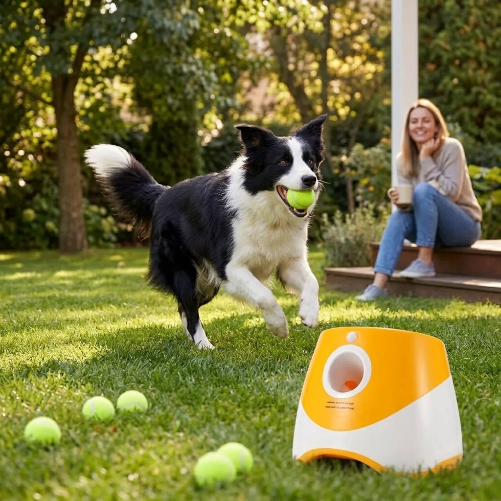 Happy dog mid-sprint with tennis ball, owner relaxed on porch in background