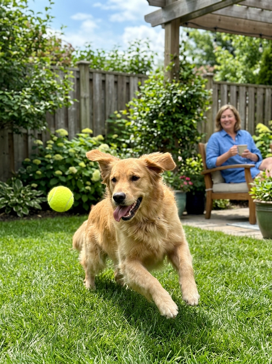 Dog mid-sprint after launched ball in suburban backyard