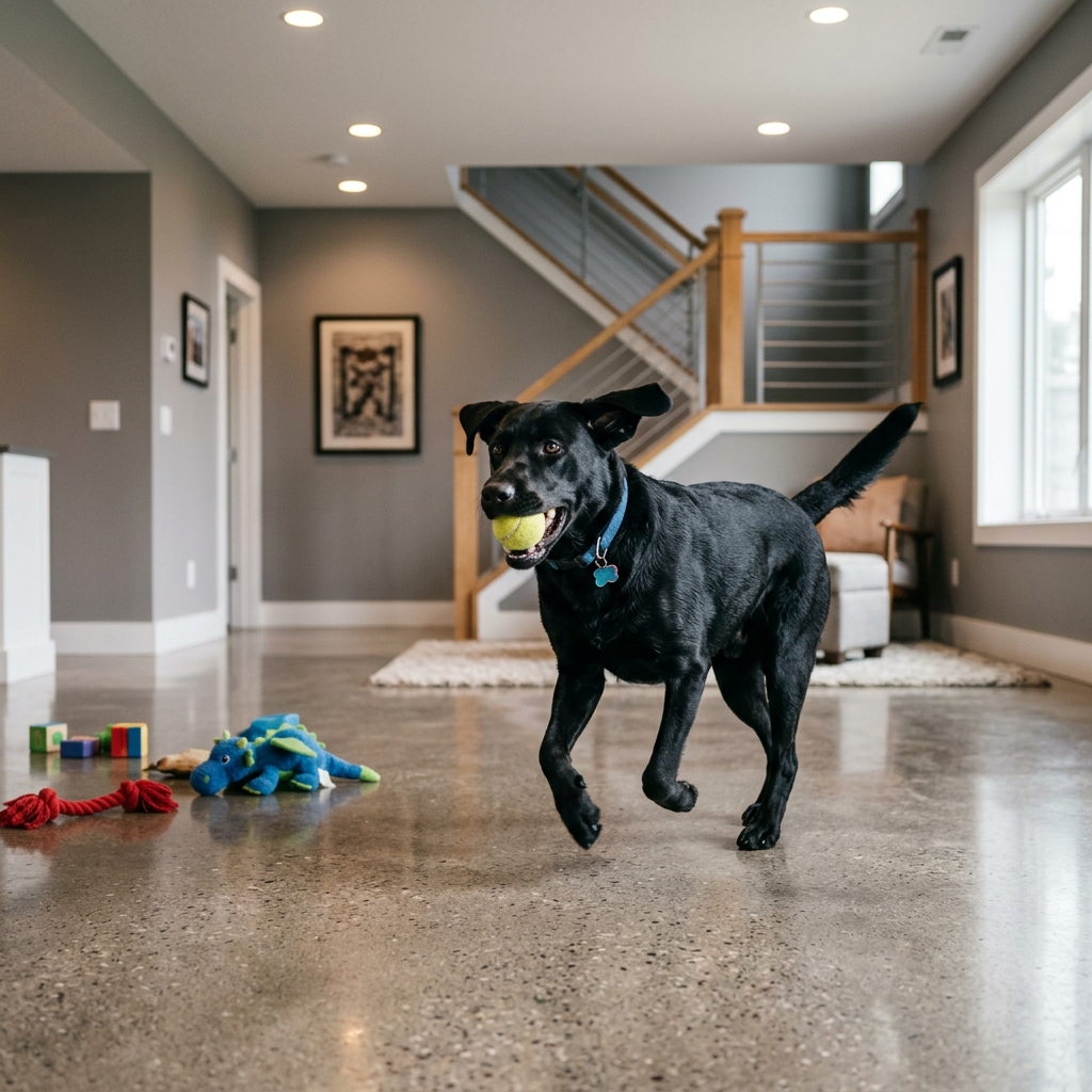 Dog playing fetch in apartment hallway