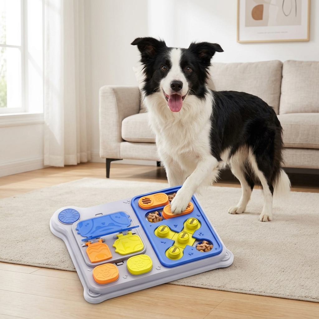 Border Collie engaged with the multi-mechanism puzzle feeder
