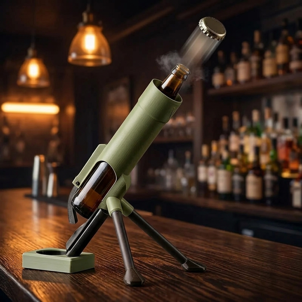 Mortar Style Beer Bottle Opener firing a cap from a beer bottle