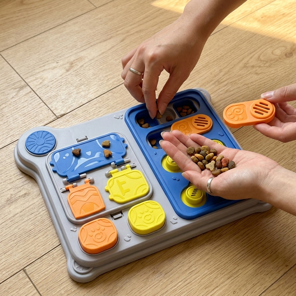 Loading kibble into puzzle compartments