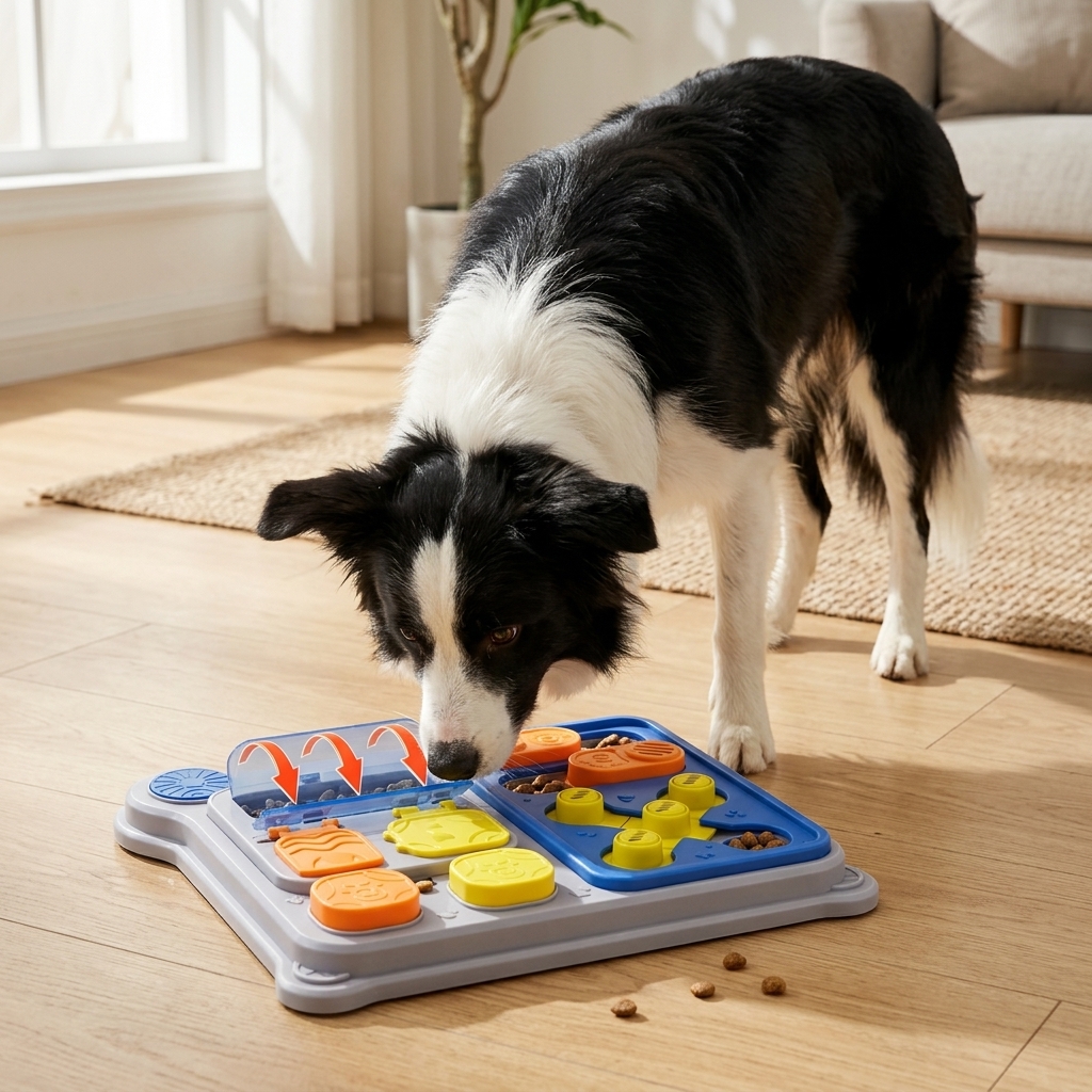 Border Collie watching the puzzle being placed