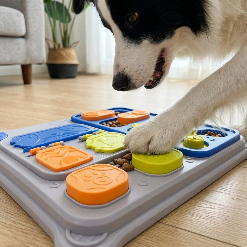 Border Collie focused, paw on slider, working the puzzle