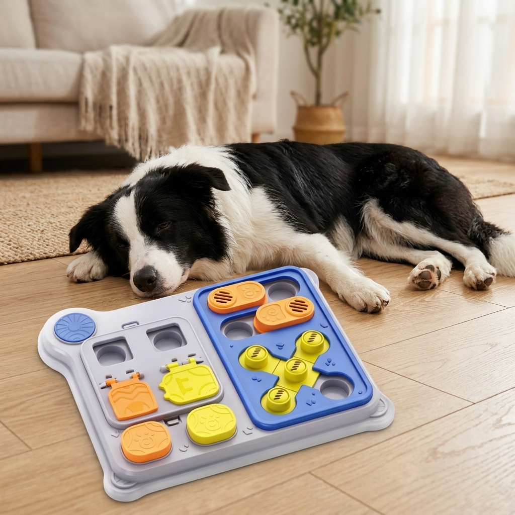 Border Collie napping, calm and content, after puzzle session