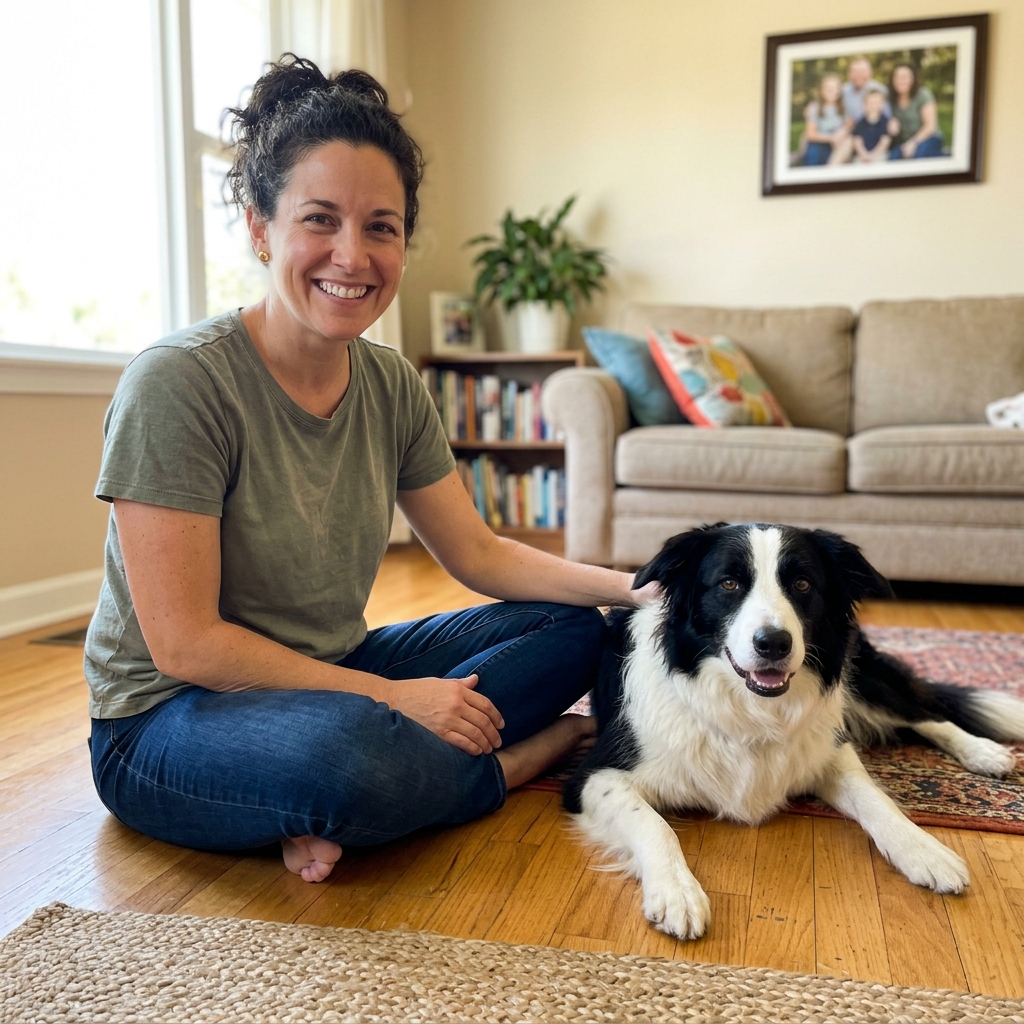 Border Collie eating slowly from puzzle on kitchen floor