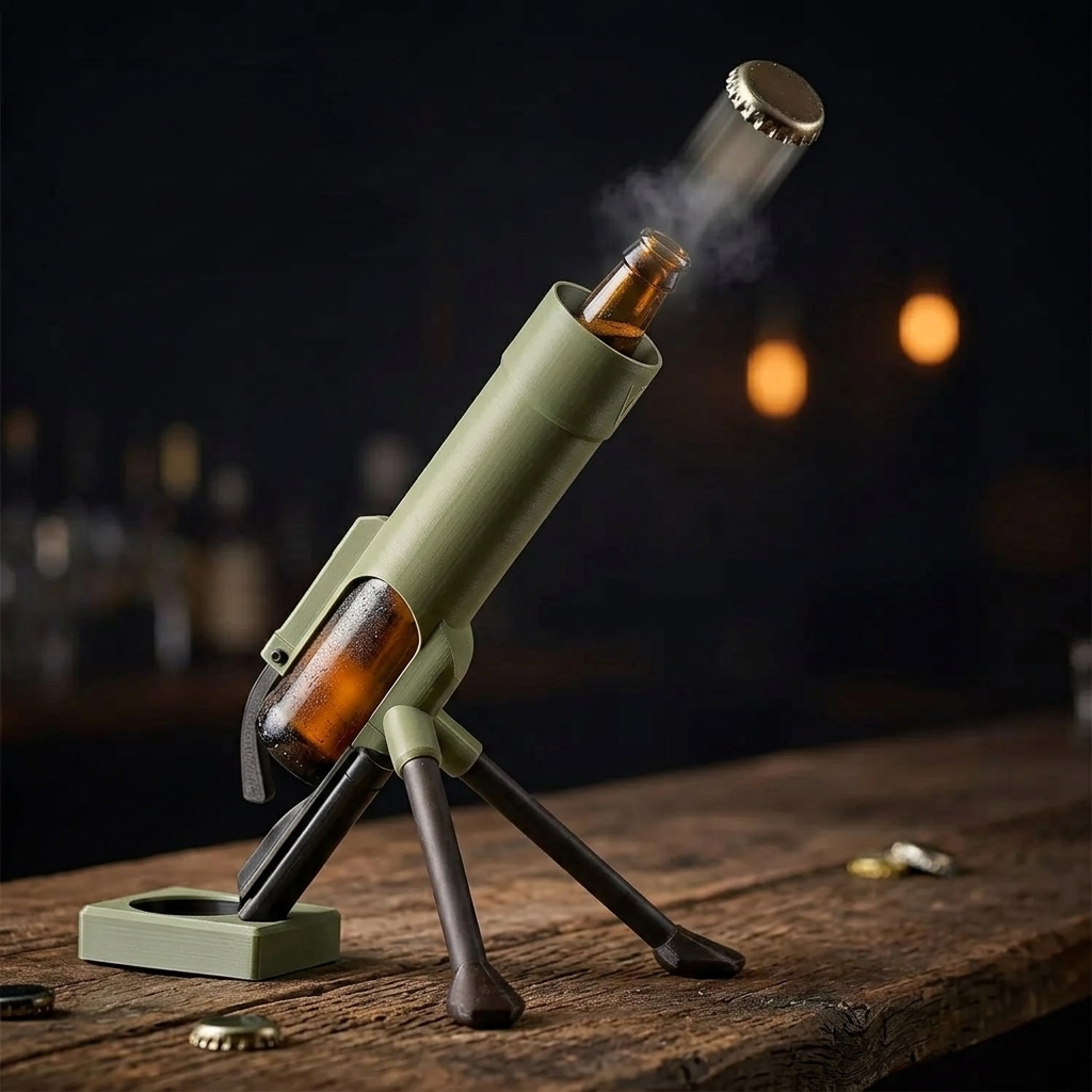 Mortar beer bottle opener with cap mid-launch on a home bar