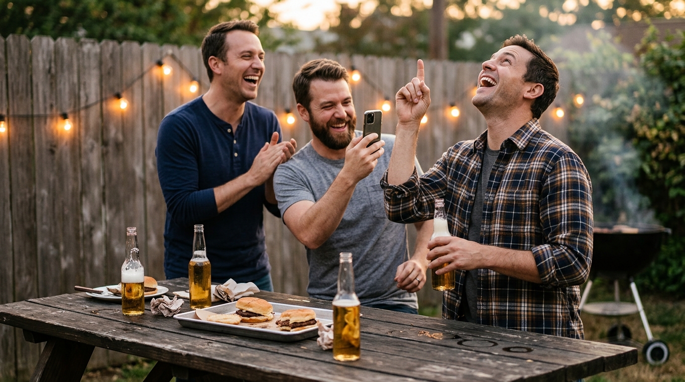 Mortar opener at the center of a friends-gathered moment