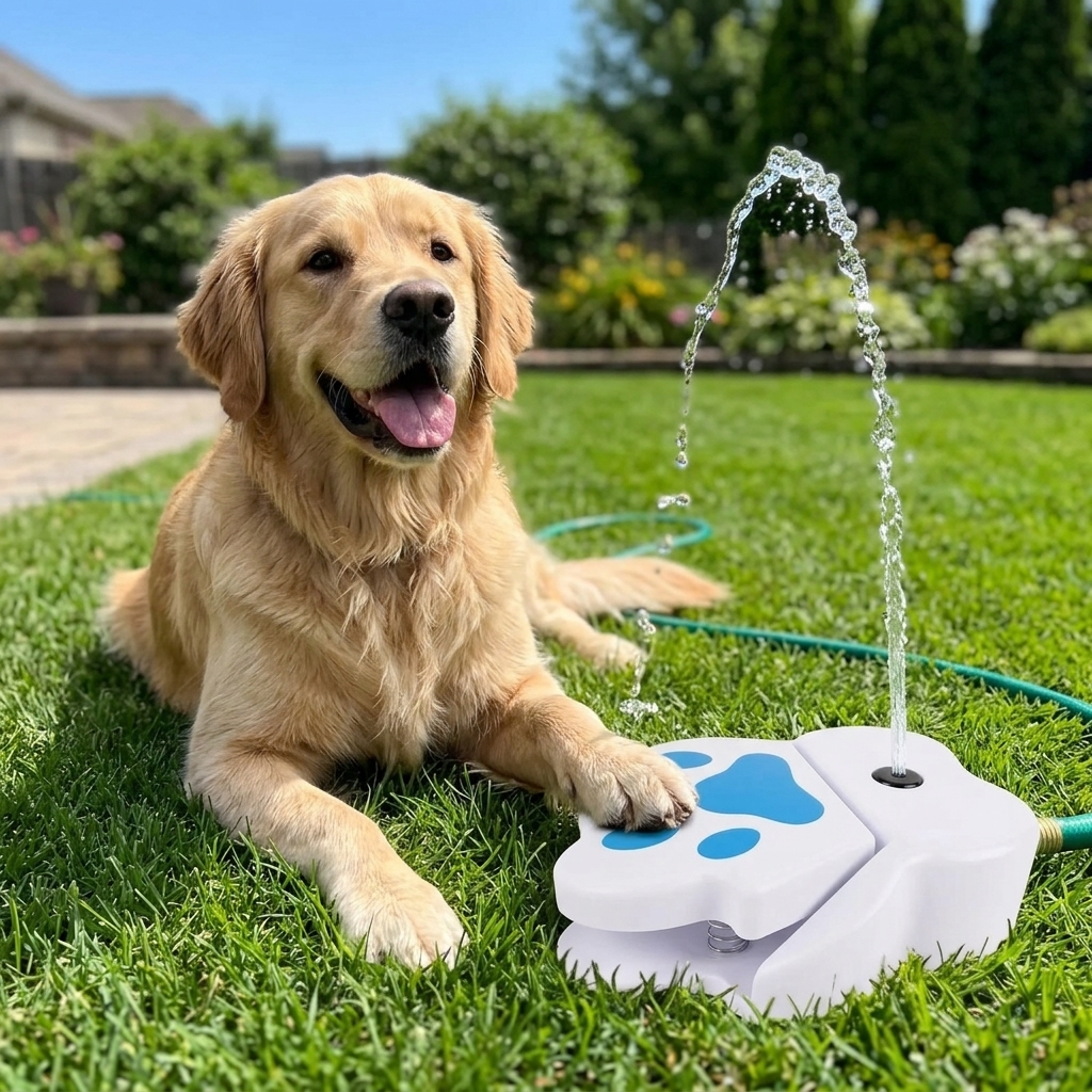 Golden Retriever using paw-pedal water fountain on lawn