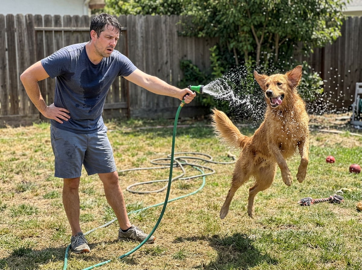 Tired owner holding hose for dog in yard