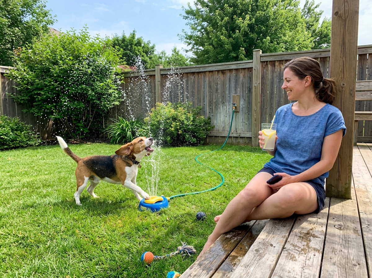 Owner relaxed while dog uses paw fountain solo