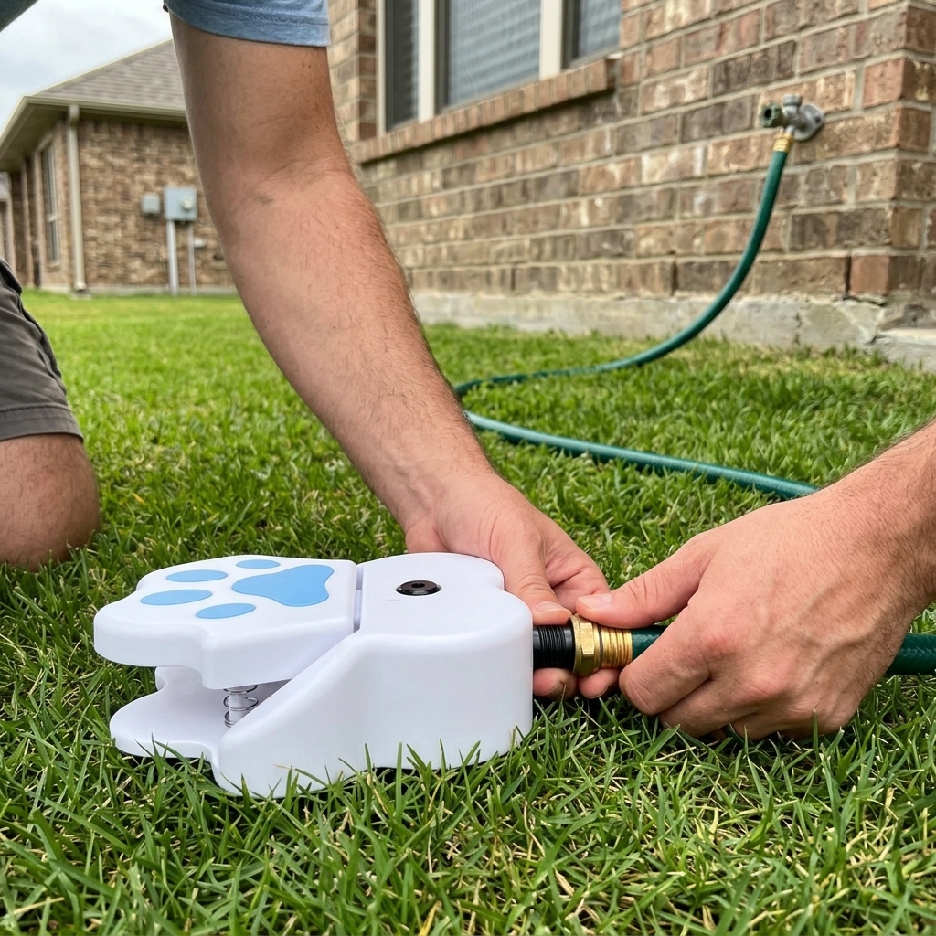 Hose threading into paw fountain side inlet