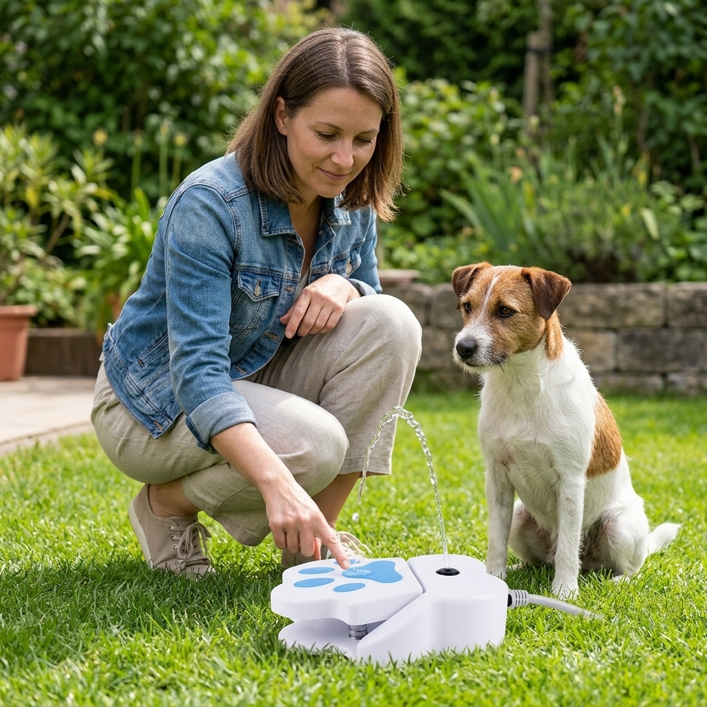 Owner demonstrating paw pedal to curious dog