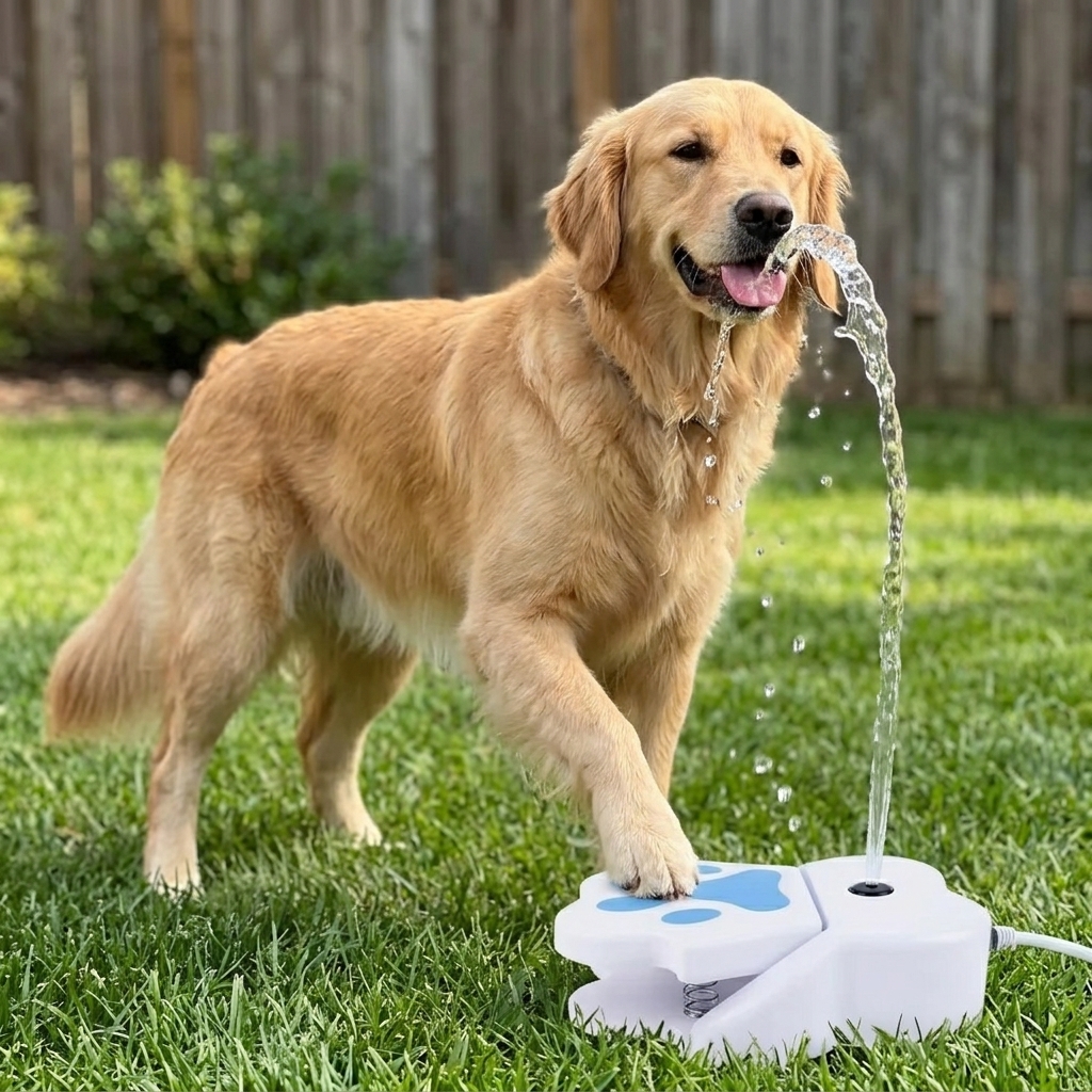 Dog using fountain solo while owner relaxes nearby