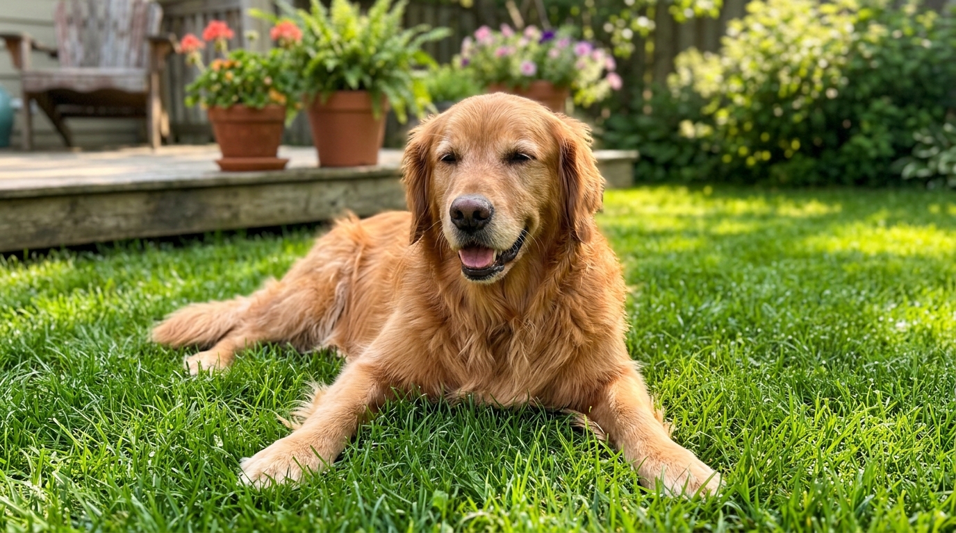Dog using paw fountain in backyard at sunset, owner relaxed nearby