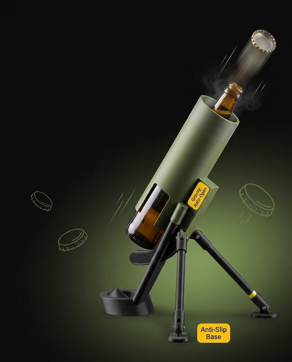 Mortar bottle opener launching cap with beer bottle