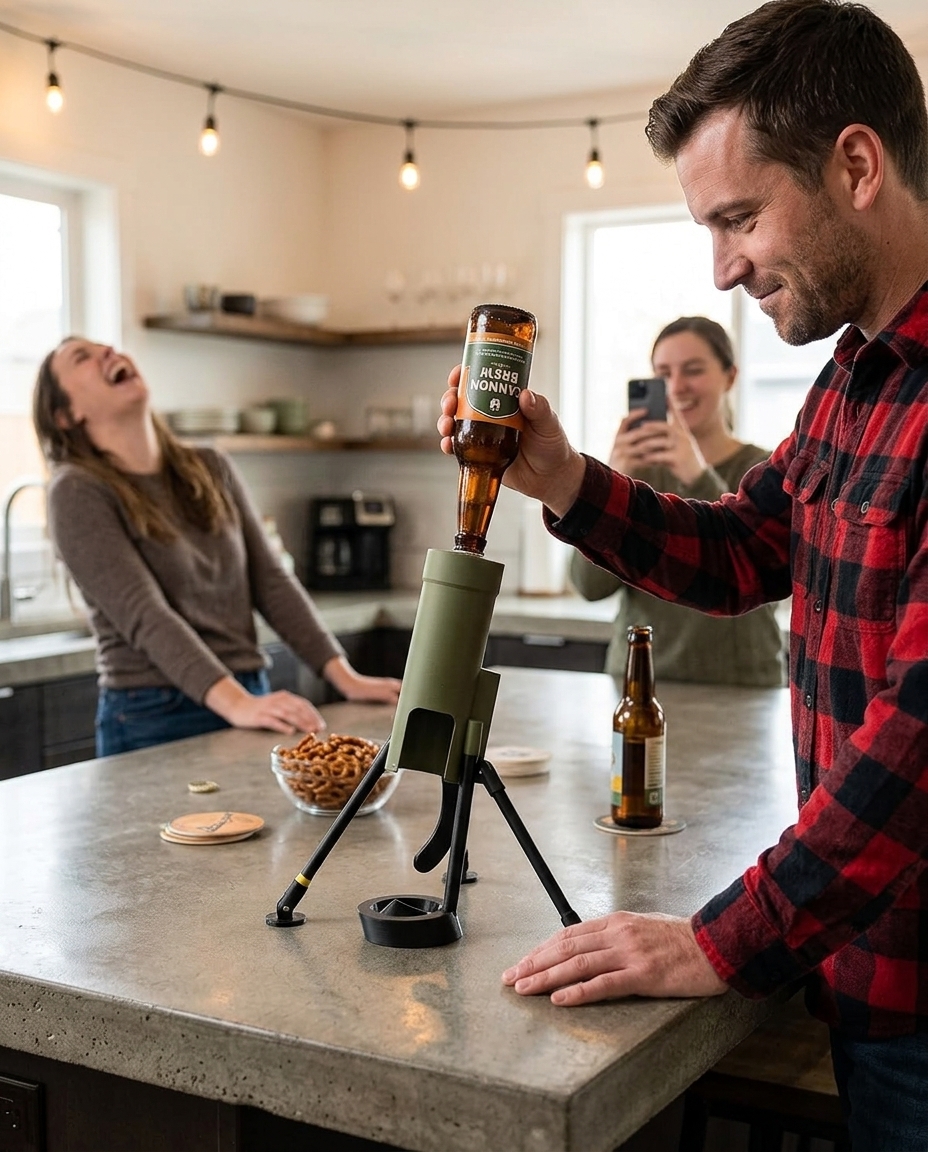 Mortar bottle opener in man cave garage