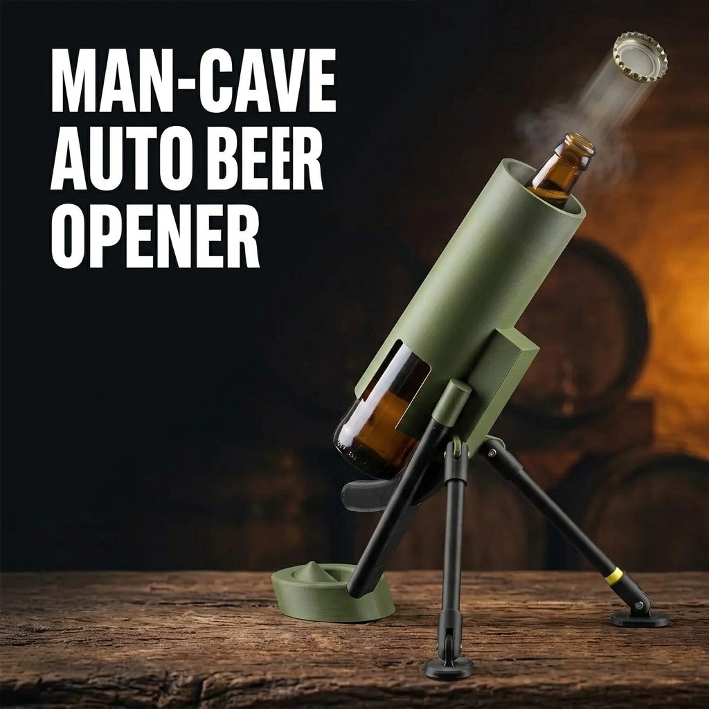 Mortar style beer bottle opener launching cap upward