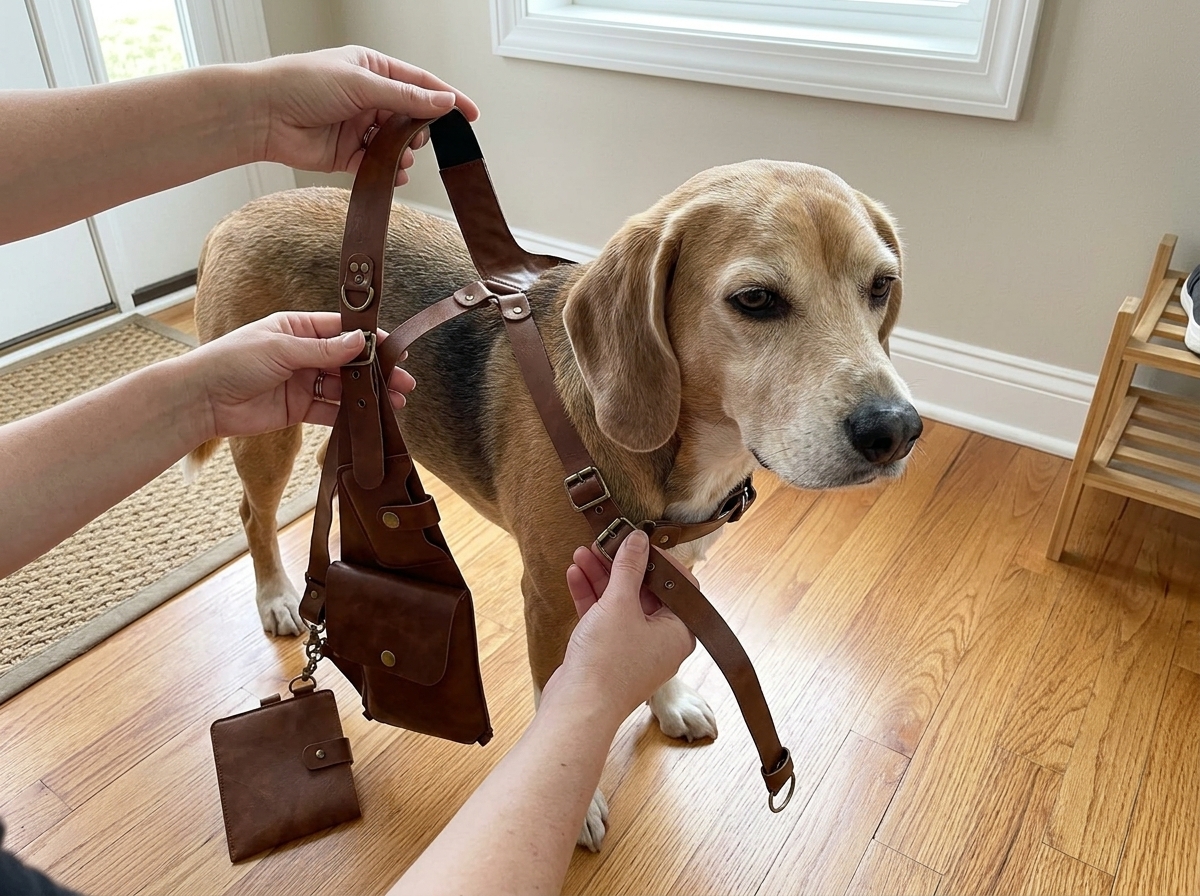 Putting the harness on the dog