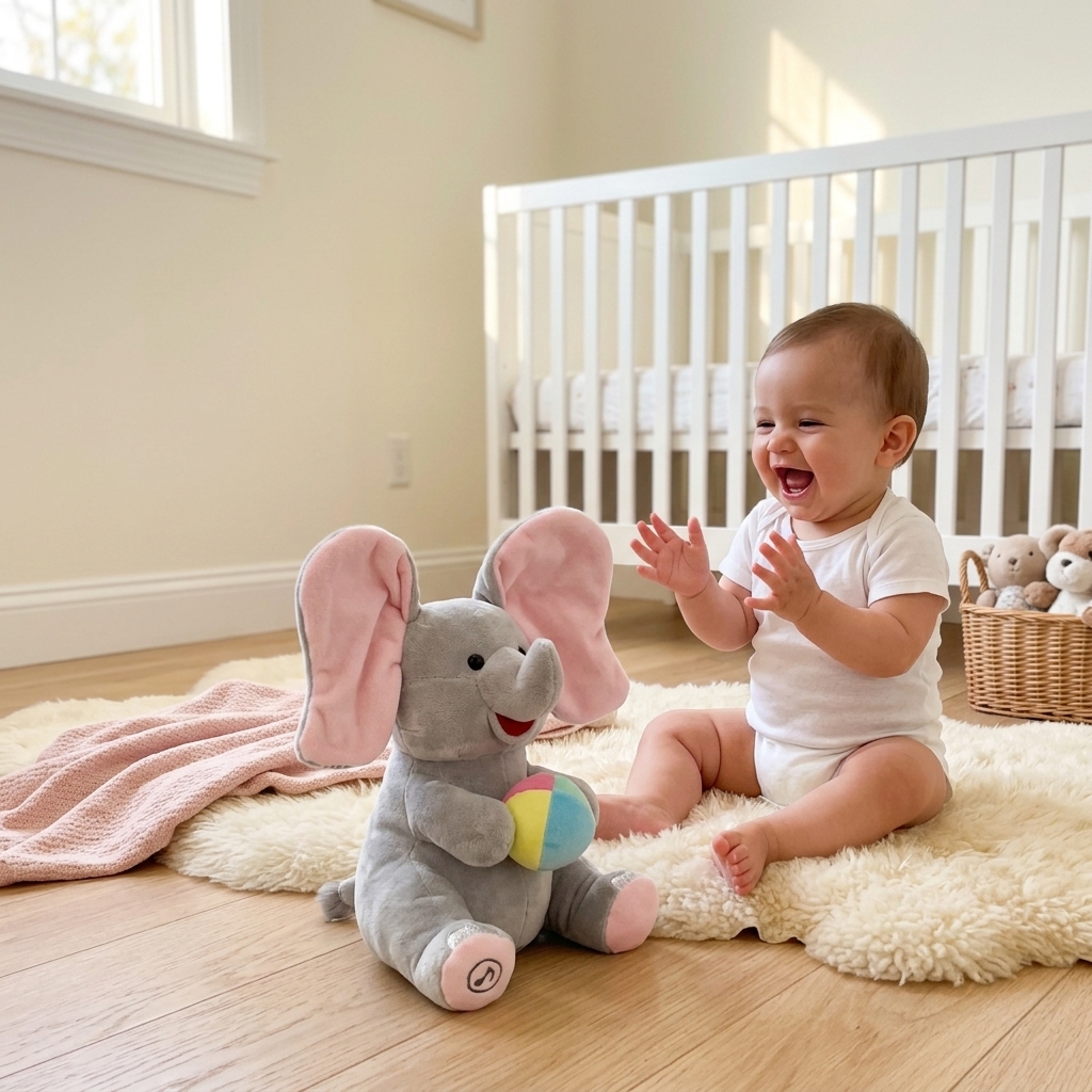 Baby laughing as the peek-a-boo elephant raises its ears