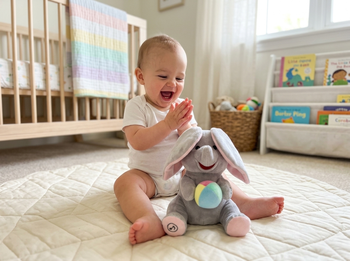 Baby's face lit up with a wide laugh as elephant reveals its eyes
