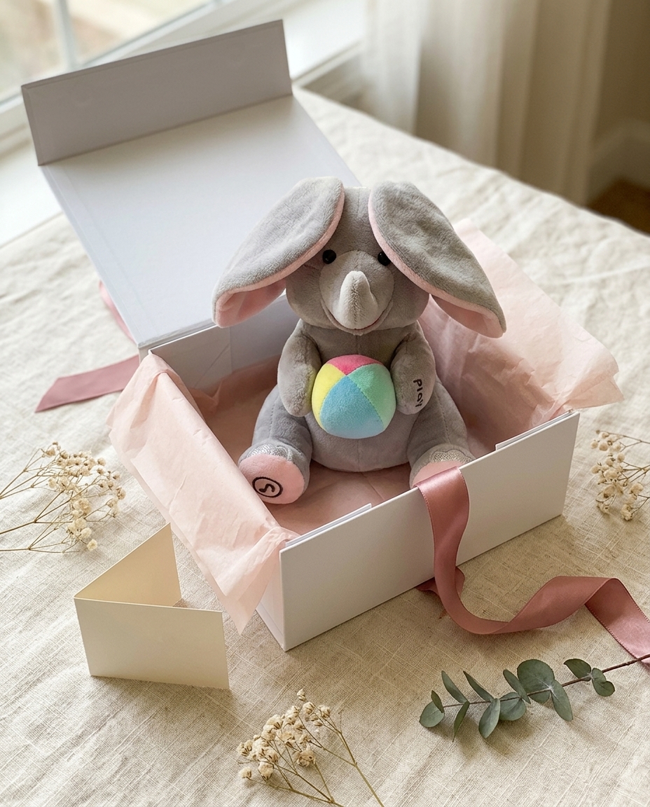 Premium gift box opening to reveal the peek-a-boo elephant in tissue paper