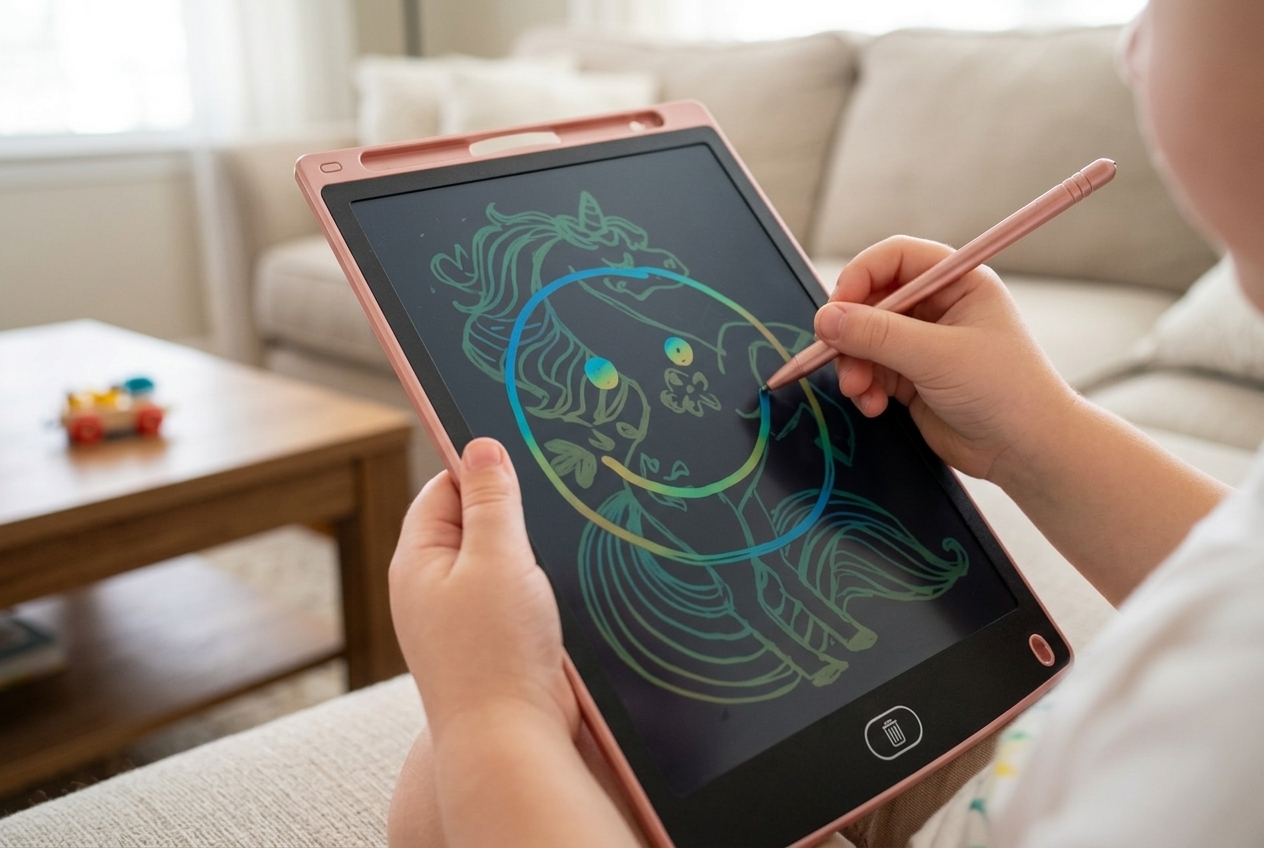 Two siblings drawing on colorful LCD tablets together