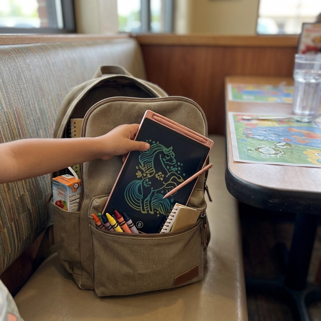 Child drawing on tablet in waiting room