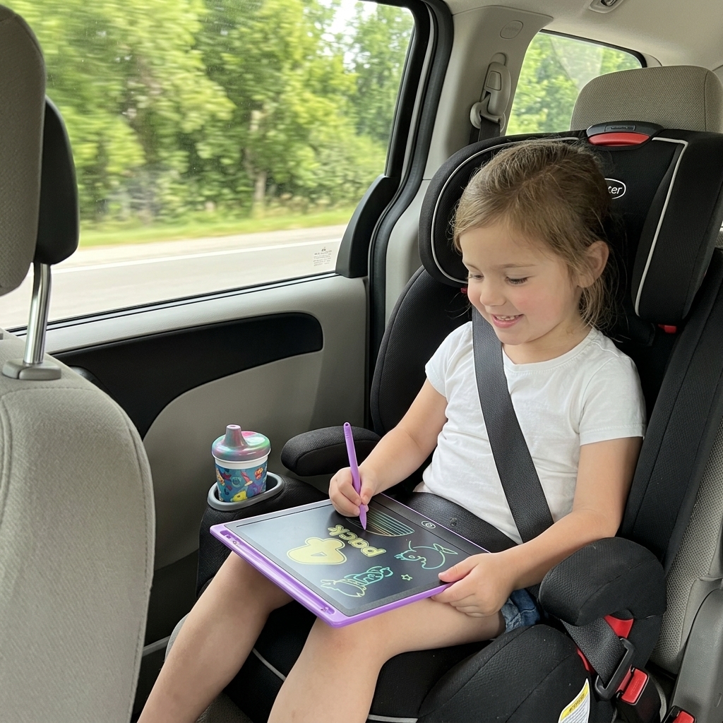 Child drawing on tablet in car back seat