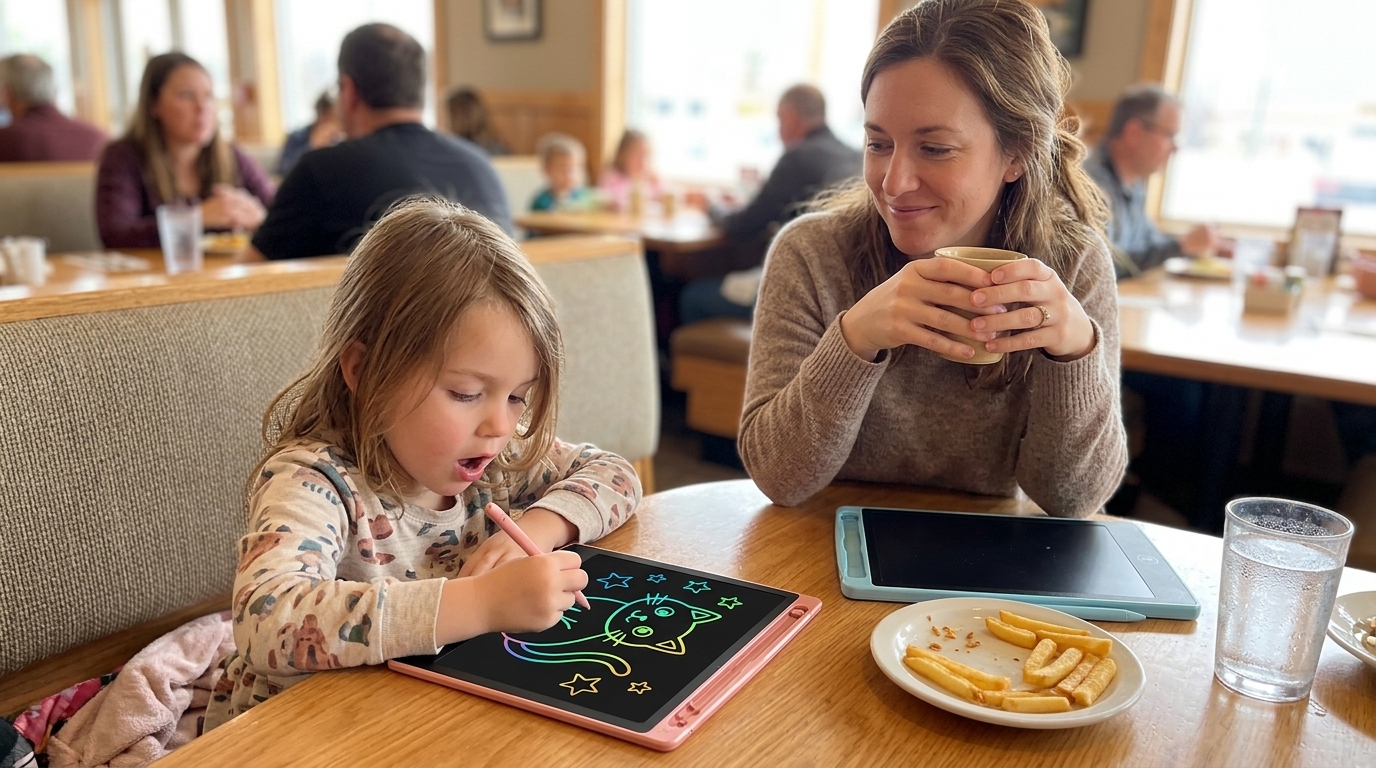 Child drawing on a colorful LCD writing tablet at a restaurant table