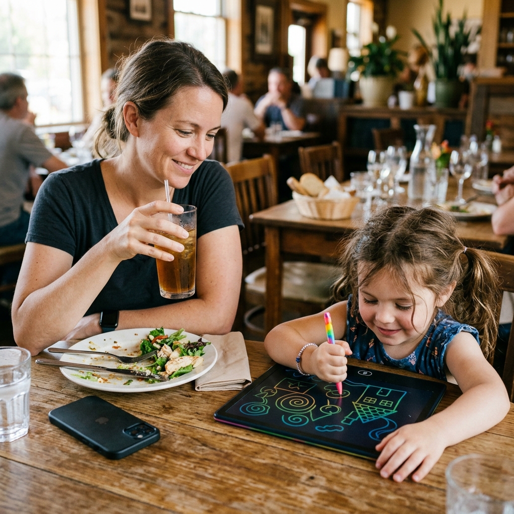 Mom at a restaurant with phone face-down, child quietly drawing on the colorful LCD tablet