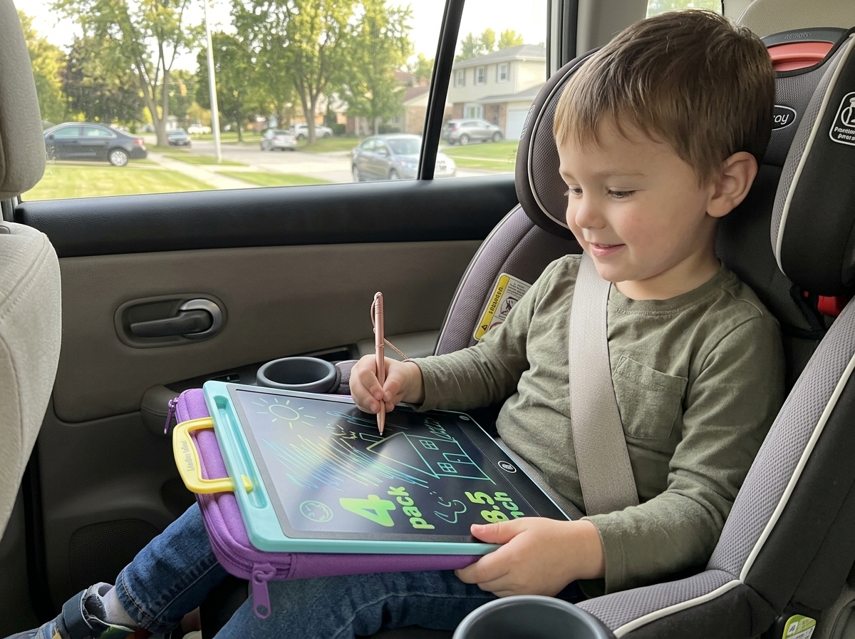 Child drawing on the colorful LCD tablet in the car seat