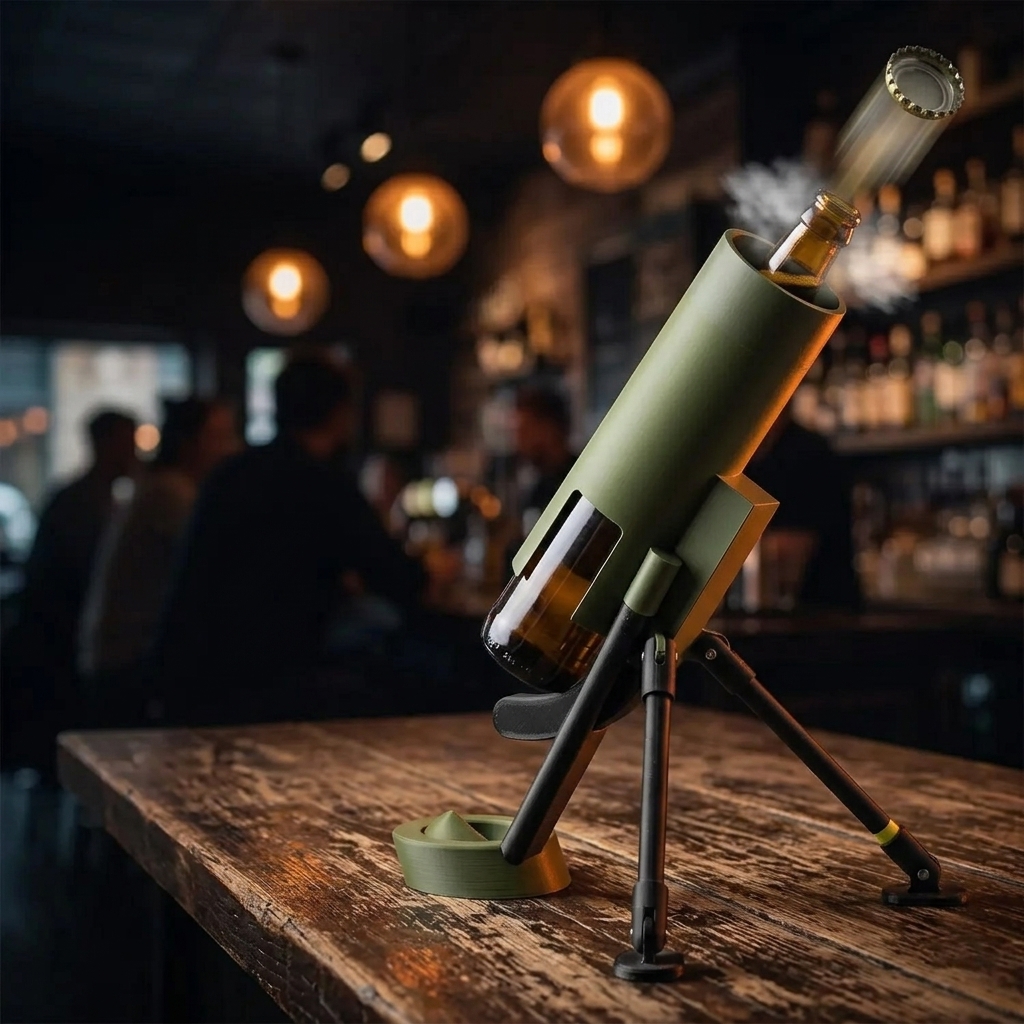 Mortar bottle opener firing a cap into the air