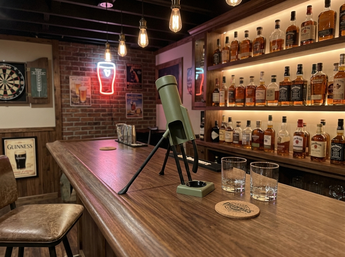 Mortar opener on the man cave bar - conversation piece at every BBQ