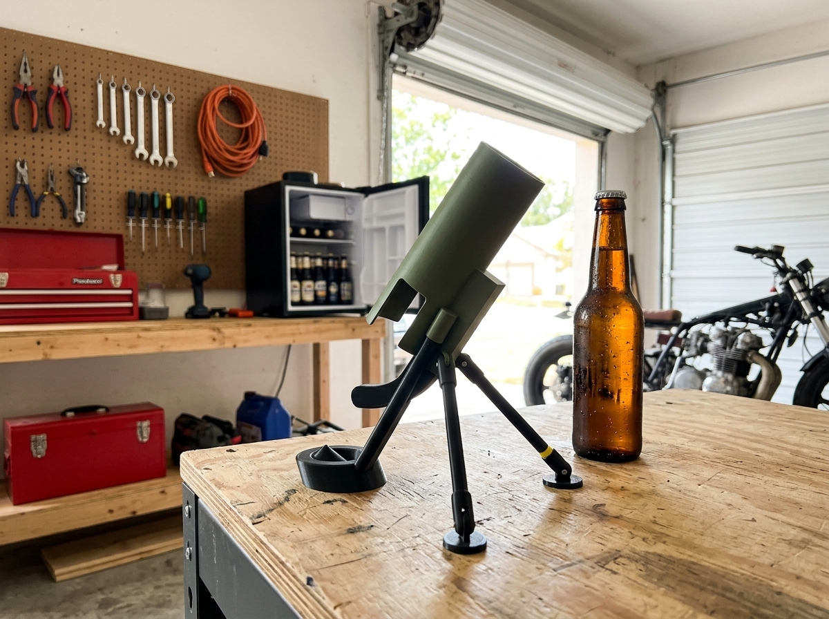 Mortar opener in the garage workshop - beer fridge essential