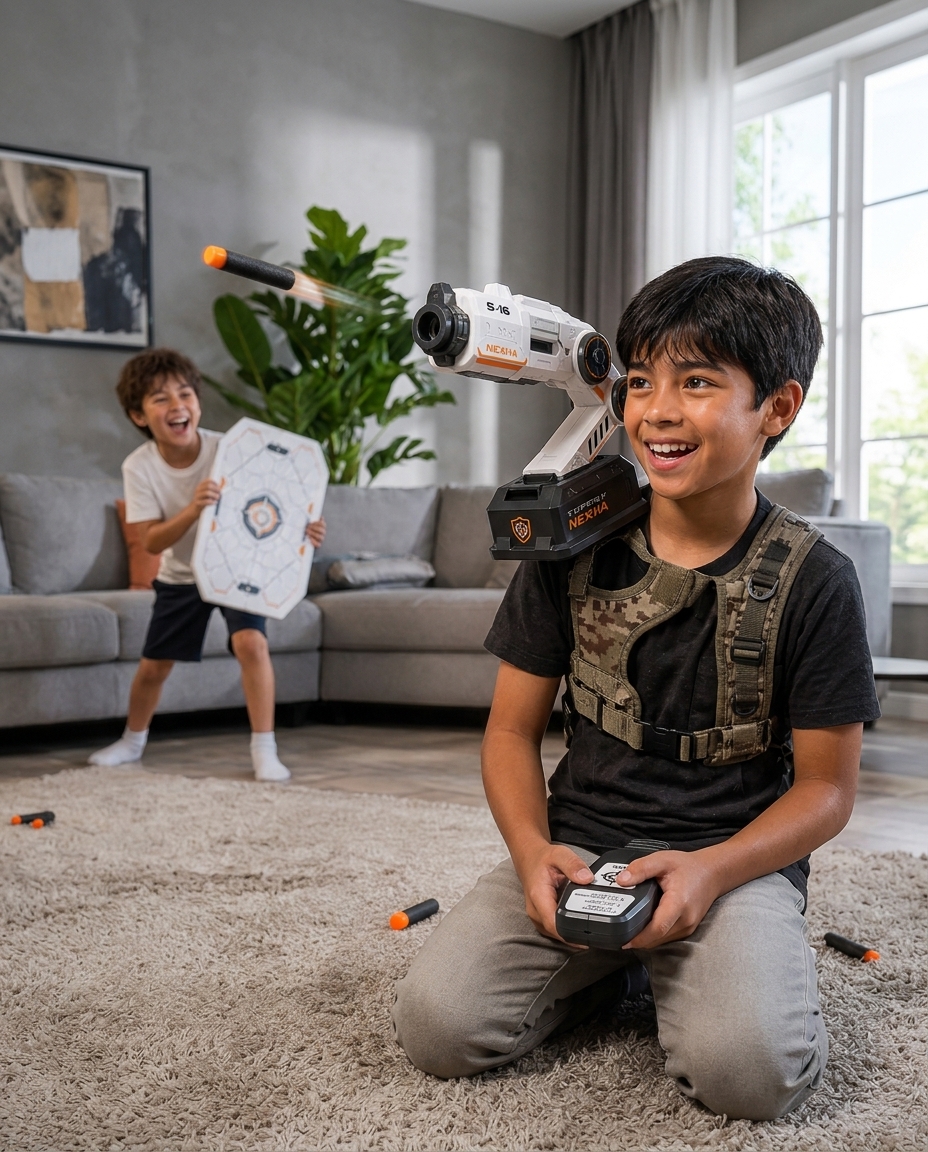 Kid wearing the Venator Blast Autotrack mid-battle