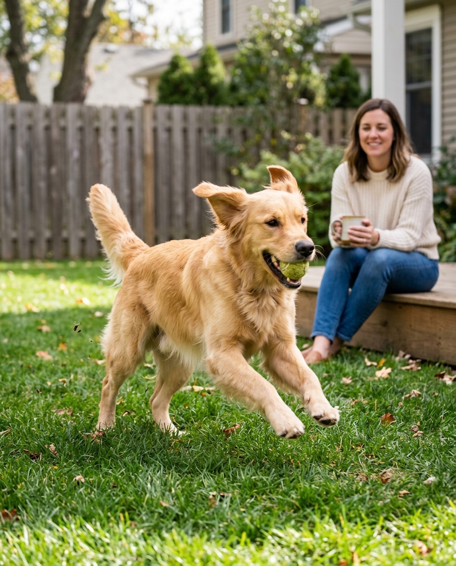 Happy dog chasing a tennis ball with relaxed owner watching