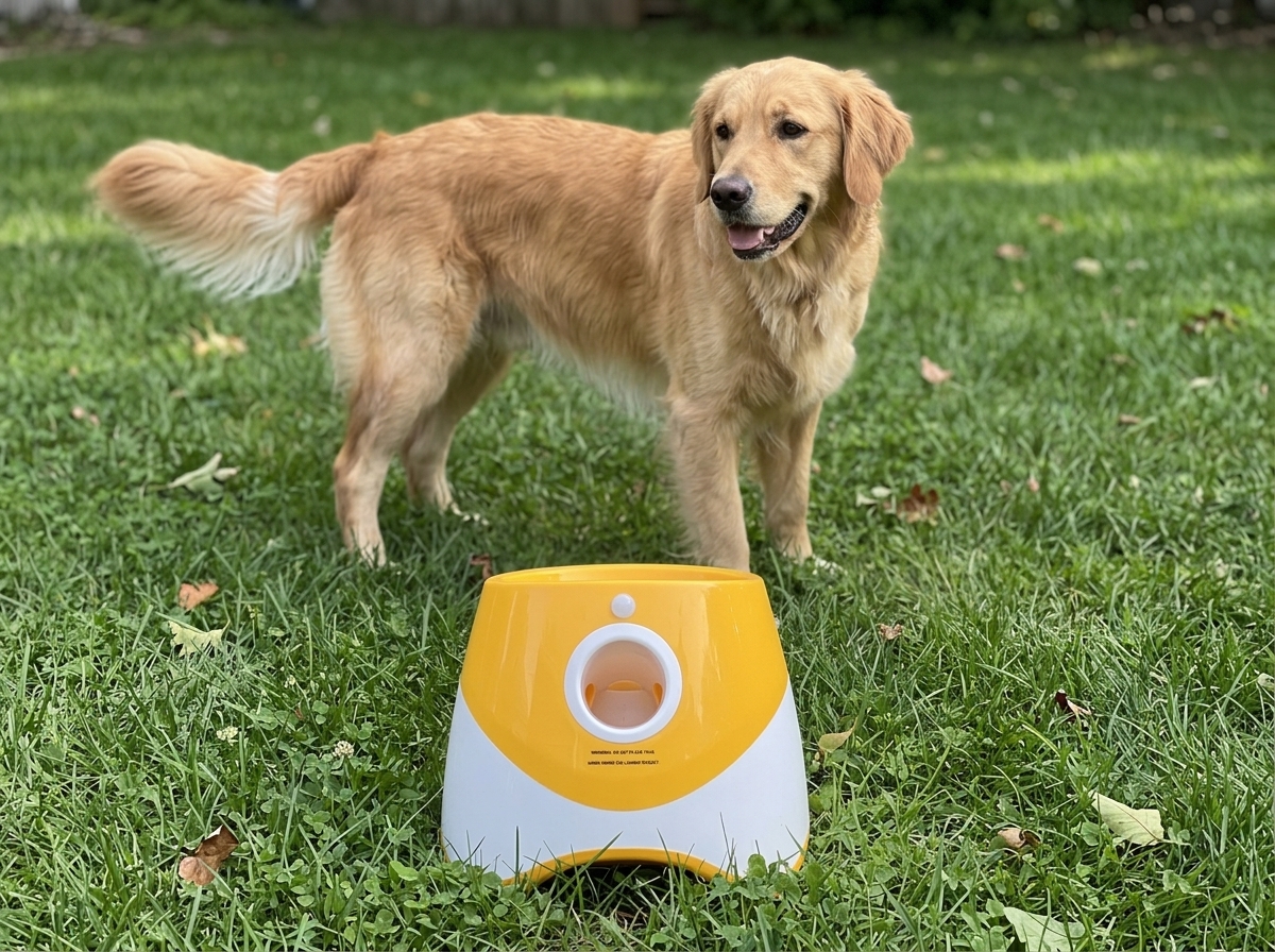 Dog walking calmly in front of the launcher