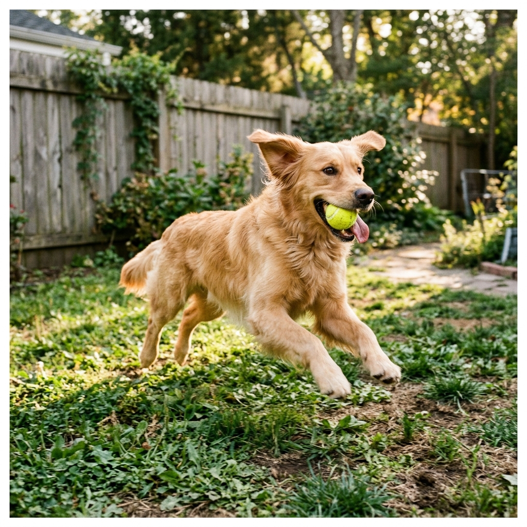 GSD-Lab mix chasing a tennis ball