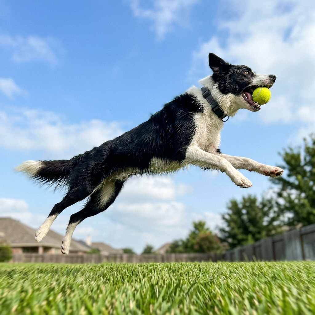 Australian Shepherd mid-jump for a ball