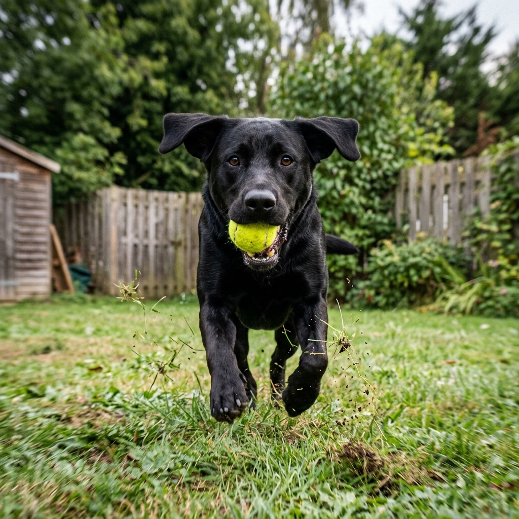 Happy French Bulldog with a tennis ball