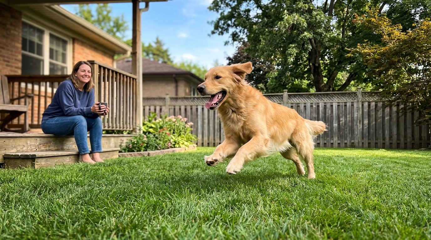 Happy dog chasing tennis ball at golden hour